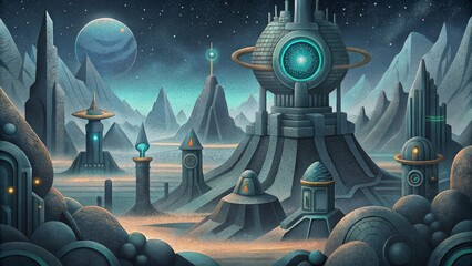 Poster - An otherworldly landscape of metallic structures and glowing symbols depicting the inner workings of advanced technology.