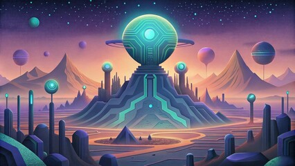 Poster - An otherworldly alienlike landscape of glowing circuitry showcasing the endless potential of technological advancement.