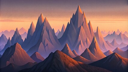Aufkleber - A photograph of a rocky mountain range the sharp jagged peaks standing out against a soft grainy gradient sunset sky.