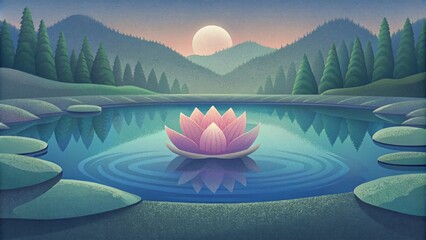 Sticker - A quiet pond reflecting the image of a lone lotus flower.