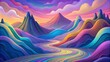 A surreal landscape of chromatic waves cascading down imaginary hills and valleys in a fantastical world of color.