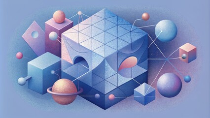 Poster - A medley of wireframe puzzles where viewers can trace the patterns and connections between the abstract shapes and objects.