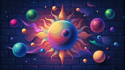 Poster - An array of vibrant planets and constellations come to life in an explosion of color and shape creating a psychedelic galaxy on a brick wall.