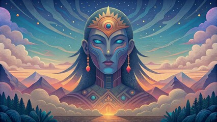 Poster - An otherworldly vision of a tribal tapestry with surreal and dreamlike imagery melding together to create a mesmerizing and ethereal art piece.
