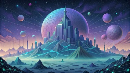 Poster - A cybernetic landscape built upon a network of intricate lines and precise dots evoking a sense of technological wonder.