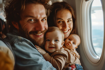 Selective focus of Caucasian man and woman holding small children Look at the window while flying in an airplane during a trip.