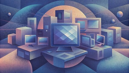 Poster - A collage of abstract screens and devices overlapping and folding into each other symbolizing the neverending influx of digital technology in a