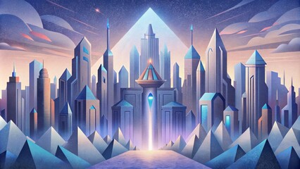 Poster - A futuristic cityscape glimmers with the facade of crystalline buildings each one sharp and symmetrical in its design.