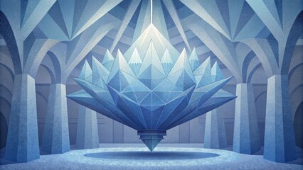 Poster - Like a massive crystal chandelier a giant sculpture of sharp angular shapes glistens in the light of the gallery.