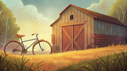 Poster - A rusted bicycle leaning against an old barn paint chipping and spokes missing.