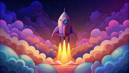 Poster - A retrostyle rocket ship launching into space behind a backdrop of neon clouds and glowing advertising billboards.