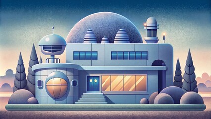 Poster - A sleek chromeplated house with a classic twist featuring retro appliances and furniture alongside advanced AI assistants.