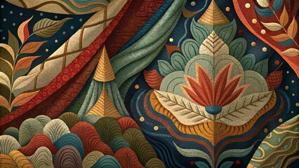 Poster - A tapestry of richly textured fabrics featuring intricate patterns and varied weaves offers a striking visual feast that invites the viewer to