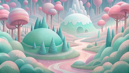 Poster - Soft pastel strokes of pink and mint green flow together to create a frosted fantasy of an enchanted forest.