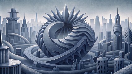 Poster - A futuristic cityscape of spiky and metallic structures swirling and overlapping in a monochromatic color scheme.
