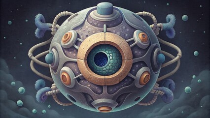 Poster - A collage of mechanical parts and biological elements fused together creating a surreal representation of a hybrid cybernetic cell.