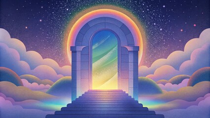 Poster - An ethereal gateway beckoning to a world beyond our own adorned with a rainbow of celestial hues.