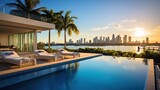 Fototapeta Kosmos - Modern villa with a private rooftop infinity pool overlooking the Miami skyline in Florida