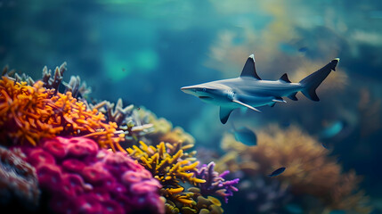 A sleek hammerhead shark cruising gracefully amidst a colorful coral reef, with copy space and the vibrant reef softly blurred in the background