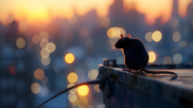 A sleek rat perched atop a dumpster, with a blurred city skyline in the distance and room for text overlay