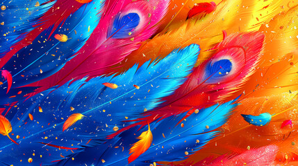 Wall Mural - A colorful image of feathers with a bright orange background. The feathers are in various colors, including blue, red, and yellow. The image has a vibrant and lively feel to it, with the colors