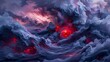 Digital masterpiece depicts a swirling vortex amid a surreal cloudscape, in shades of crimson and blue, perfect for creative inspiration and fantasy-themed projects.