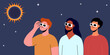 A group of people wearing safety glasses watch a solar eclipse. Vector illustration