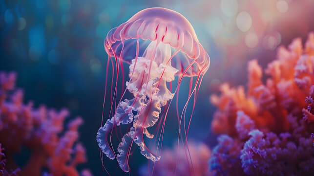A solitary jellyfish gracefully floating against a backdrop of softly blurred coral reefs, evoking a serene underwater oasis