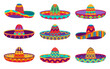 Mexican hat set vector design illustration isolated on white background. Ethnic retro carnival hat. Colorful clothes design elements.