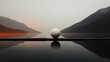 Stone ball on rock in lake or river, minimalist landscape of peaceful nature, isolated sphere on surreal background. Concept of art, water, environment