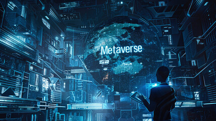 Wall Mural - Futuristic cyber space with sign Metaverse, abstract digital world background. Person in room with data lights. Concept of technology, future, tech, virtual reality