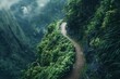 Dangerous cliffside path winding precariously along steep drops and through lush vegetation, risky paths to uncover the world's mysteries created with Generative AI Technology