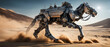 Animal robot walking through desert. A futuristic landscape with a silhouetted city on the horizon. Apocalyptic nature. A robotic mechanical cyborg horse or camel. A tired Bionicle horse