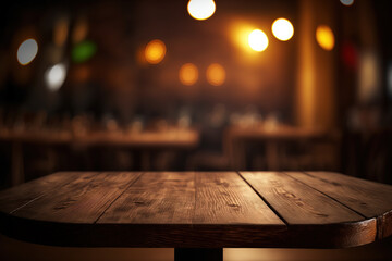 Wall Mural - Wooden table blurred background of restaurant of cafe with bokeh. Flawless generative ai