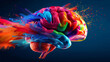 A colorful brain with a splash of paint on it. The brain is surrounded by a blue background. concept of a human brain full with creativity, shows multiple colors and action