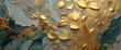 This image features a detailed texture painting with golden leaves scattered on a canvas, evoking richness and creativity