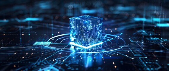 Wall Mural - a blue data cube surrounded by circular lines floating in the center of an abstract dark background 