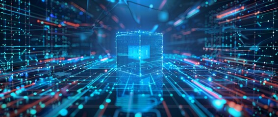 Wall Mural - a blue cube of data floating in the center surrounded by digital lines and circuits generative ai