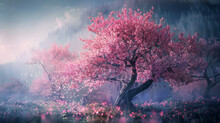 A Cherry Blossom Tree Stands By The River, With Pink Petals Falling All Over It And Floating On The Water Surface. The Background Is A Cloudy Sky And Distant Mountains, Creating A Fantasy Atmosphere