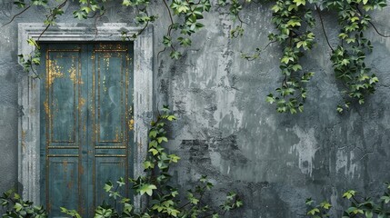 Wall Mural - Old antique door on an old concrete wall, green plants.