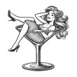 smiling pin up girl in martini glass, reminiscent of classic 1950s style sketch engraving generative ai fictional character vector illustration. Scratch board imitation. Black and white image.