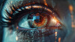 © Jakob - biometric personal image recognition: zoom of the human eye iris with digital interface layers concept AI technologies for image recognition in security and identity verification hologram