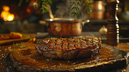 Wall Mural - A juicy grilled steak on a wooden board