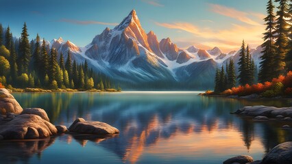 Wall Mural - Serene mountain lake during sunset, with the sun setting behind the jagged peaks, casting a warm orange glow over the landscape. Generative AI
