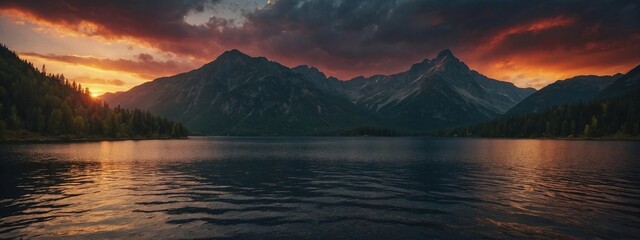 Wall Mural - Serene mountain lake during sunset, with the sun setting behind the jagged peaks, casting a warm orange glow over the landscape. Generative AI
