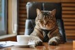 Boss Cat in Office with a Hot Drink. Portrait of a Business Cat in a Contraption