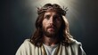 Portrait of a white Jesus Christ with a crown of thorns on his head.