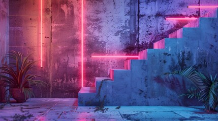 Wall Mural - old concrete wall neon light.