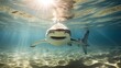 A shark swimming in the water column. A large predatory fish swimming in the ocean. A detailed image of a muzzle. Wild animal looking at something. Illustration with distorted fisheye effect.