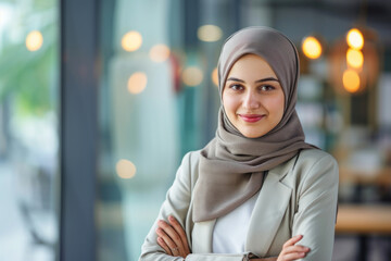 portrait of successful and happy young Muslim businesswoman in hijab standing in modern office